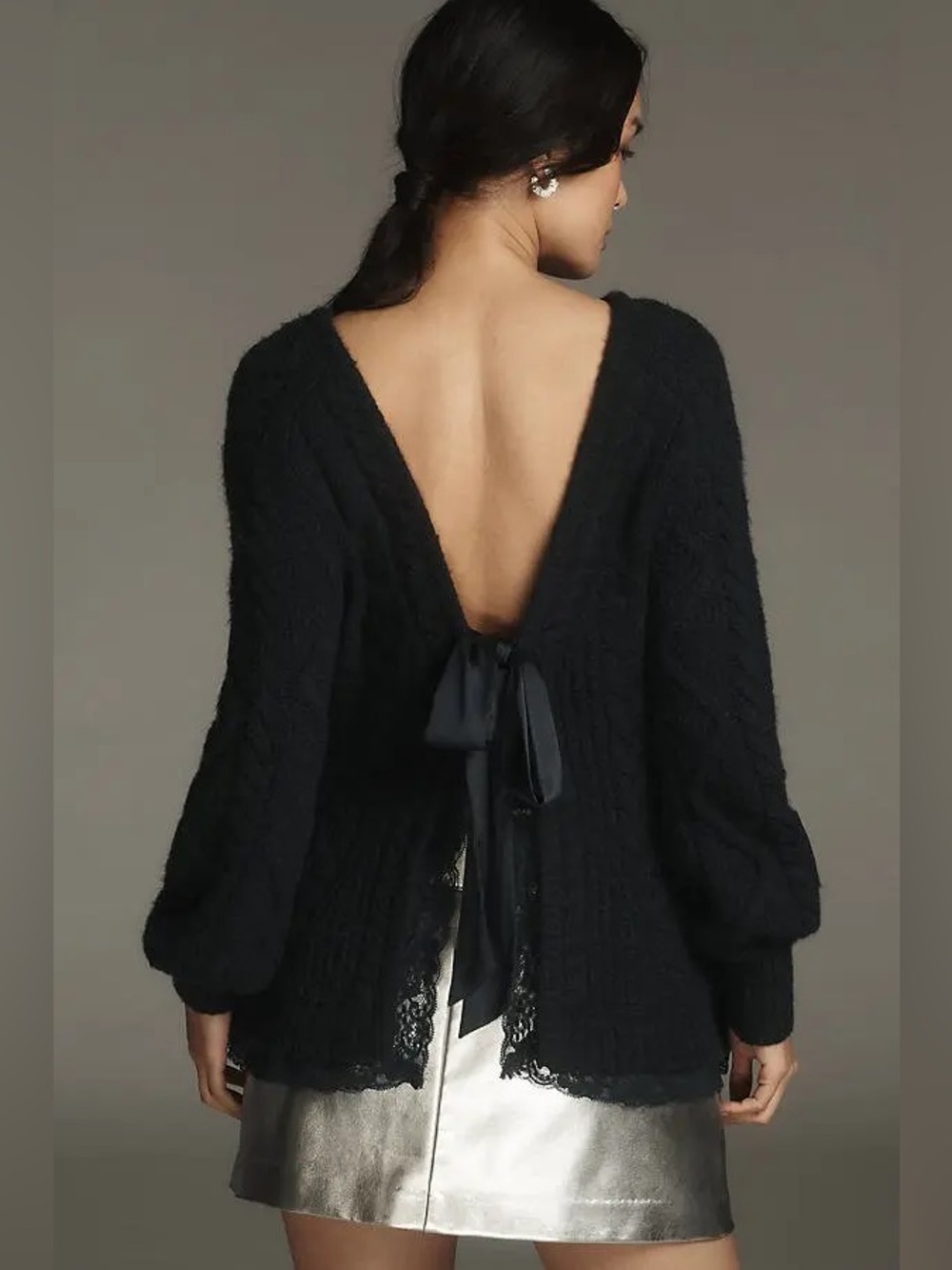 Anthropologie Open-Back Bow-Detail Chunky-Knit Sweater Blue Pullover Cotton Wool